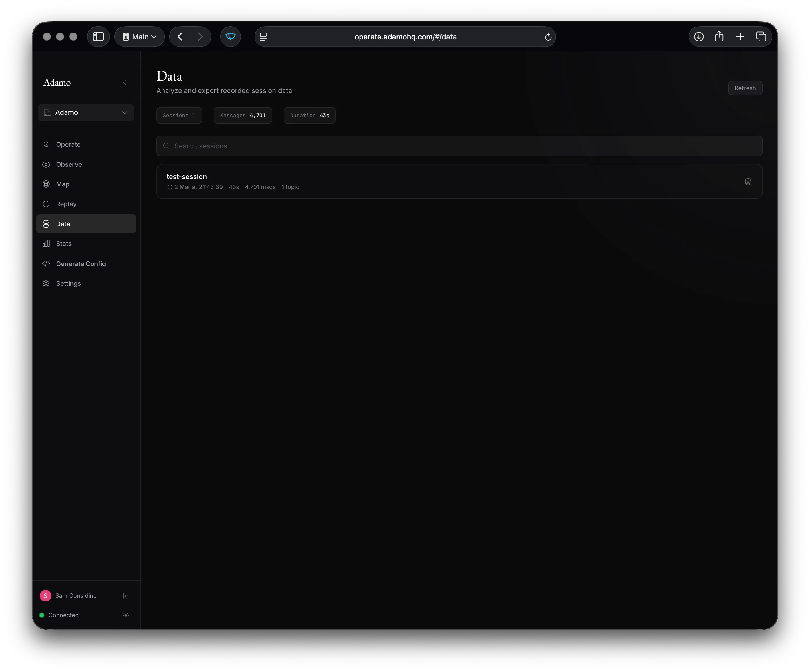 Data page for exploring recorded sessions