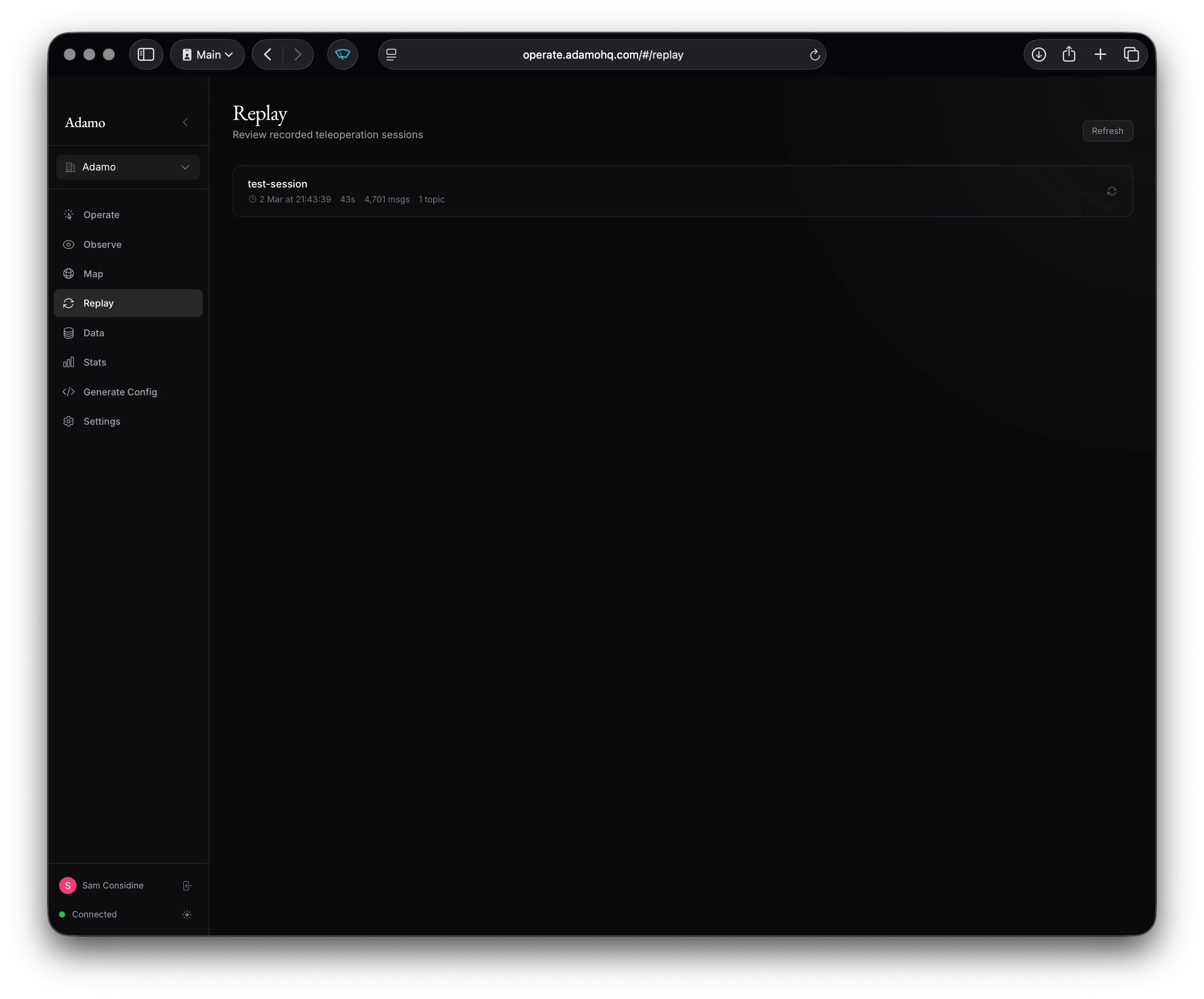 Replay page with recorded sessions