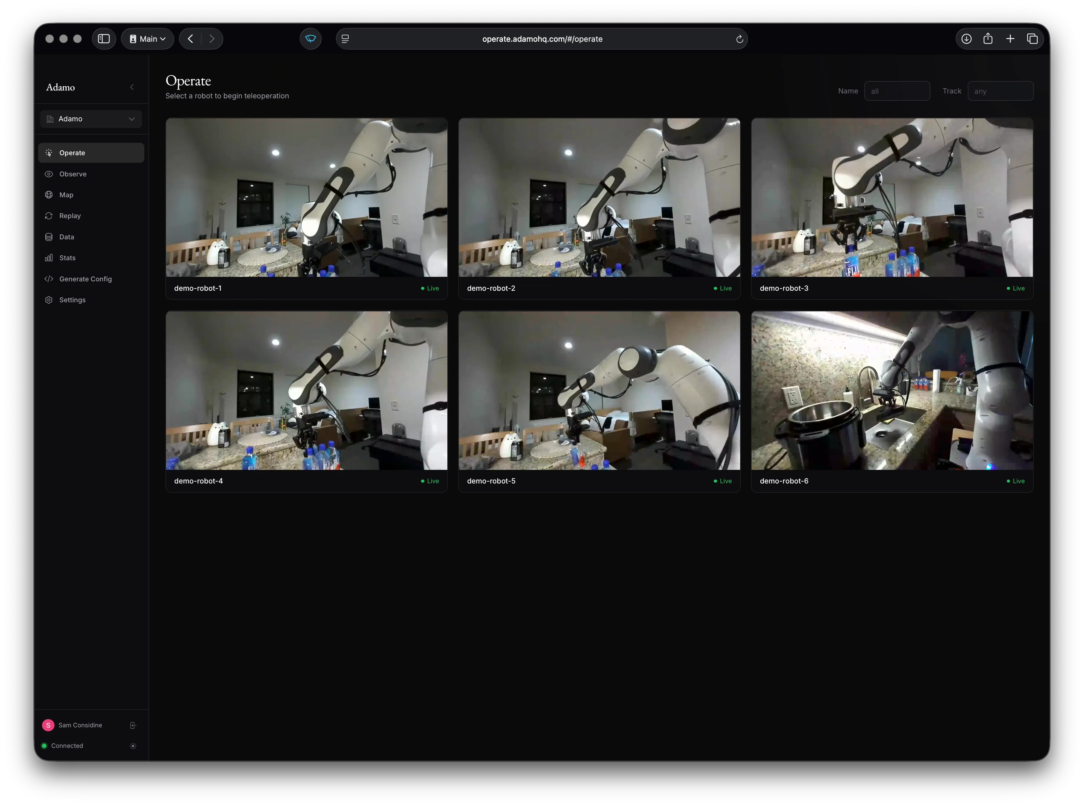 Robot grid showing live video thumbnails for each robot