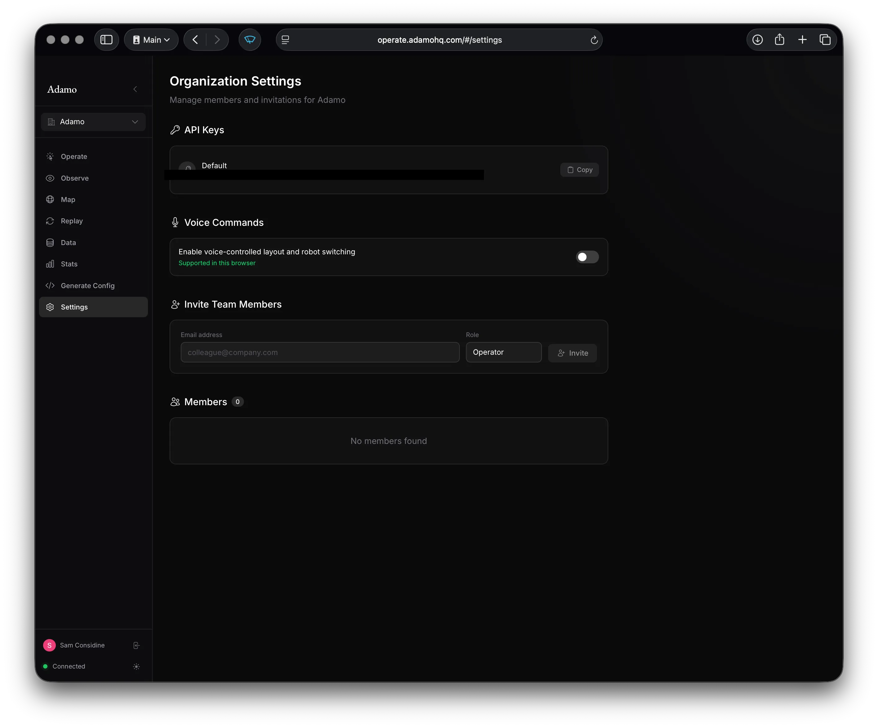 Organization Settings page
